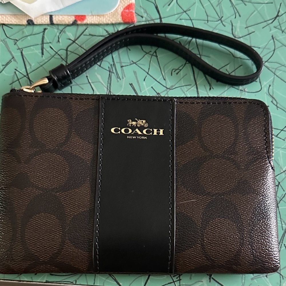 Coach Brown and Black Signature Wristlet with Gold Logo